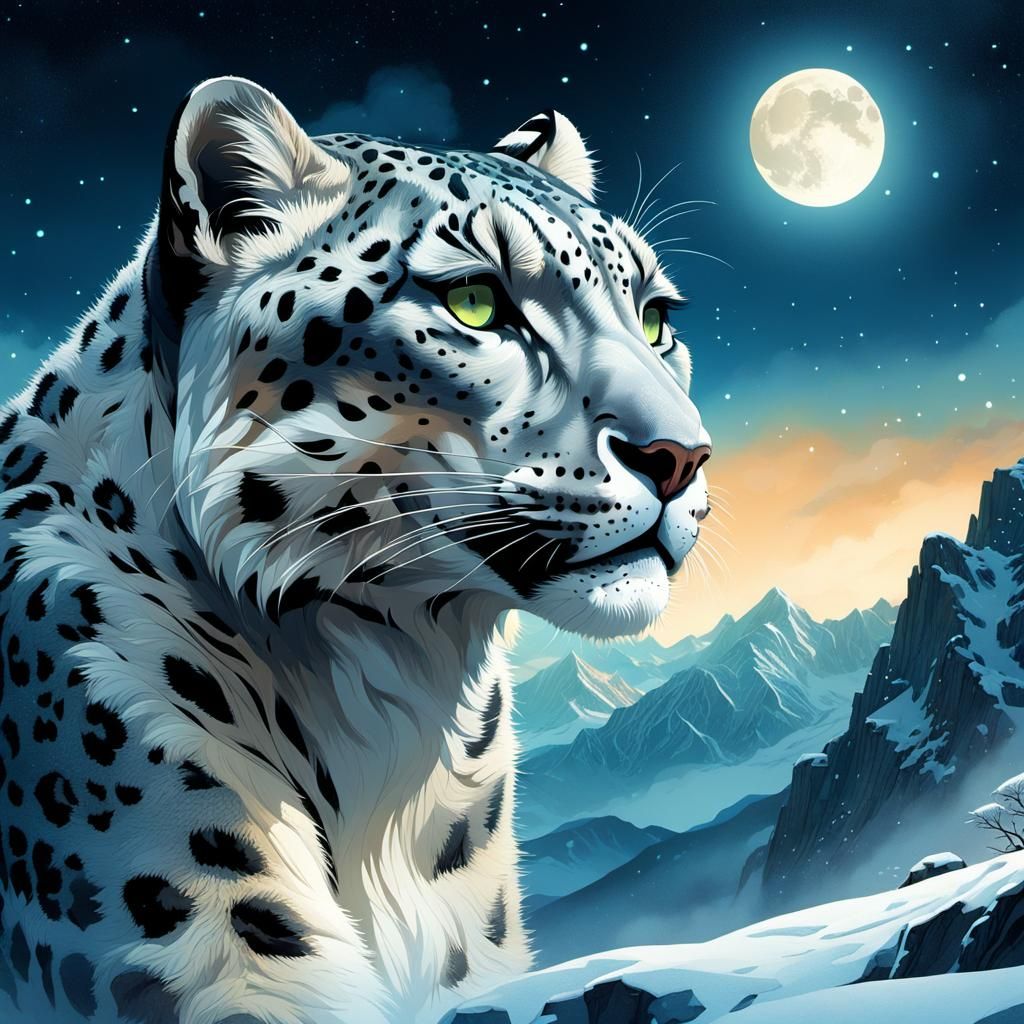 Ethereal Snow Leopard in Winter Landscape