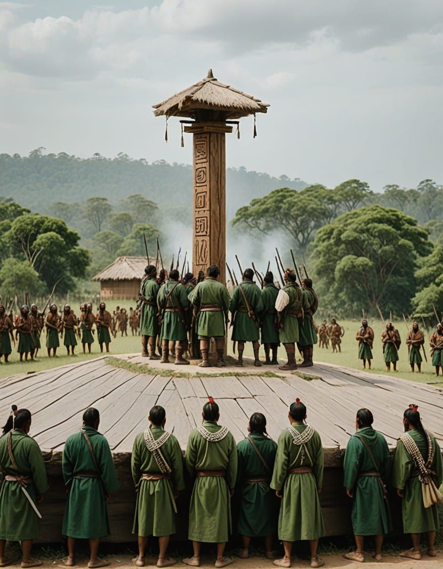 Green Tribal Group Defending Pillar in Digital Art