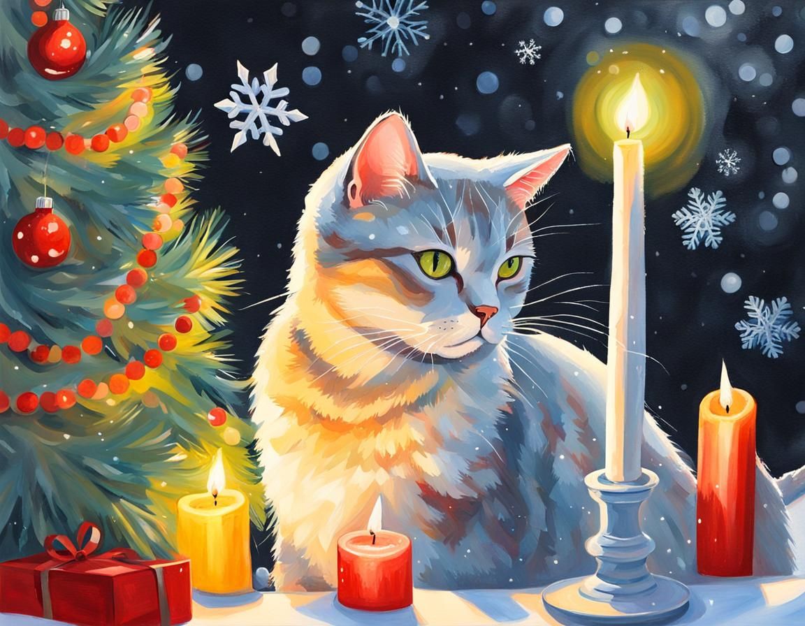 Cat in a Christmas Scene: Gouache Painting