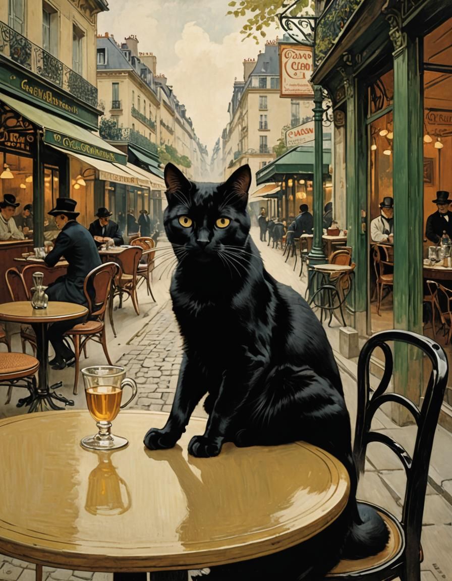 Art Nouveau Cat in Parisian Cafe