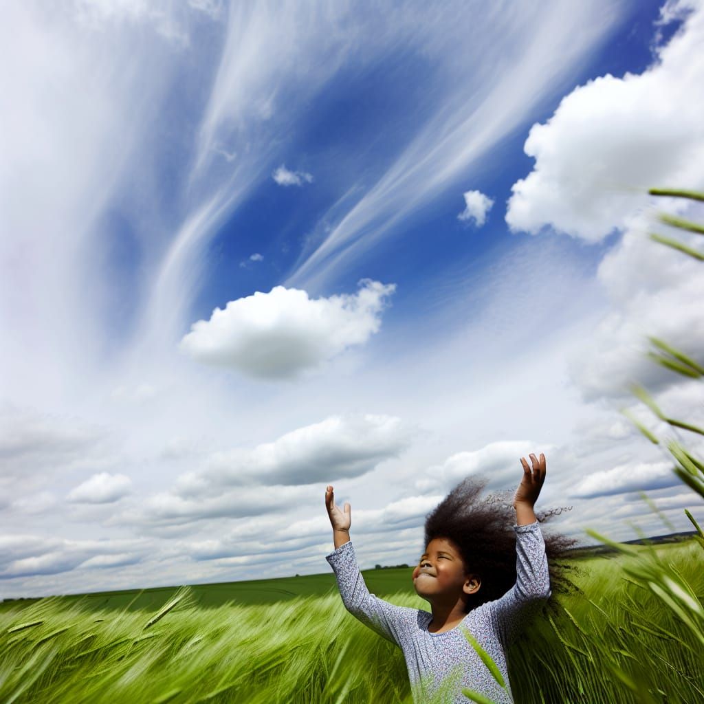 Girl Reaches for Expansive Sky in Meadow