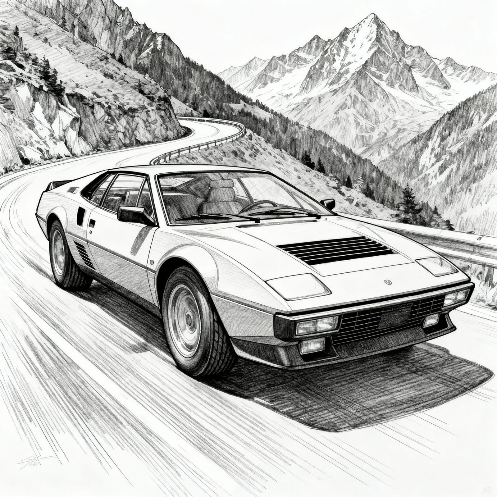 1980s Sporty Sedan on Alpine Road Sketch