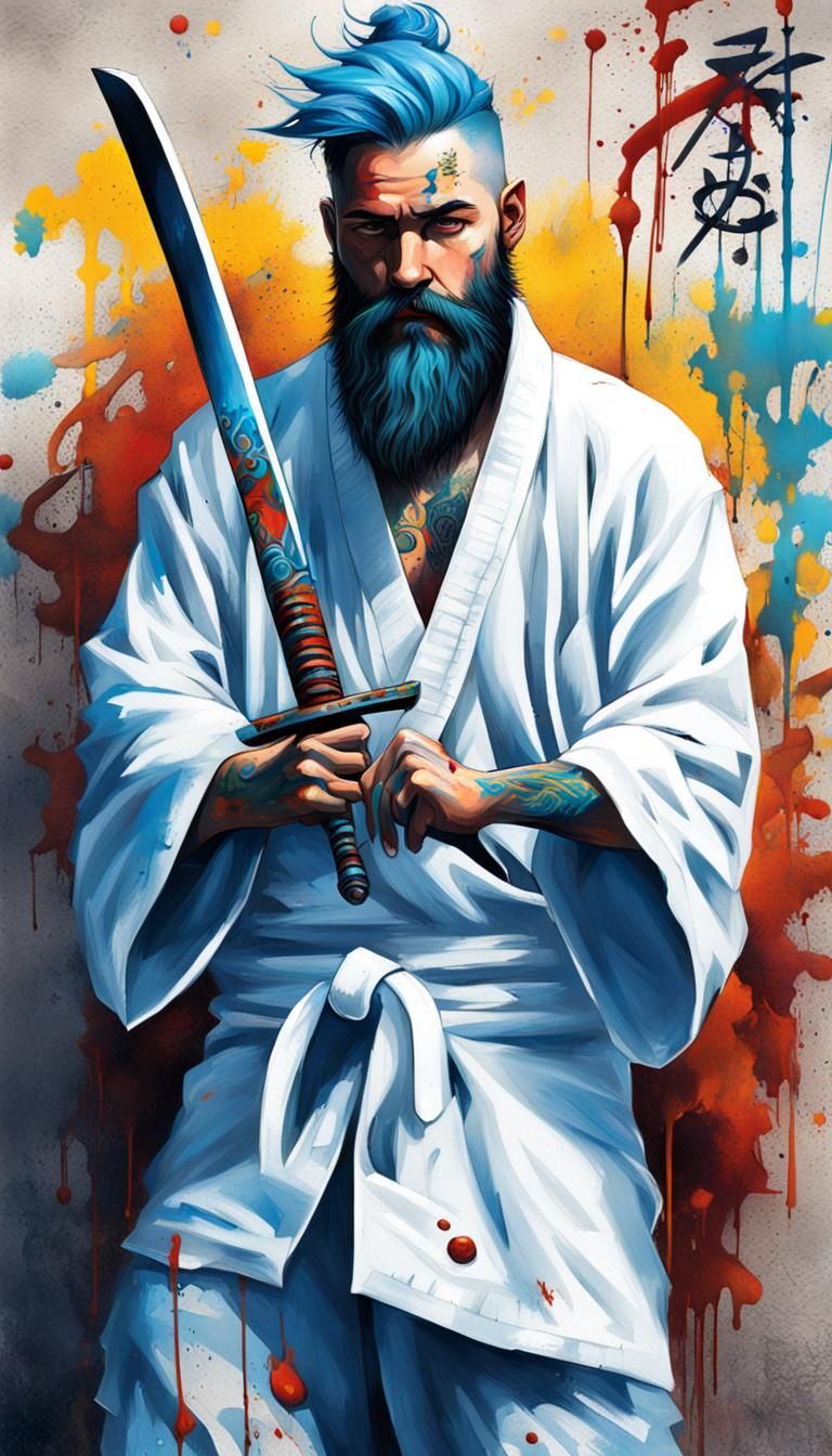 Bearded Katana Warrior in Graffiti Art Style
