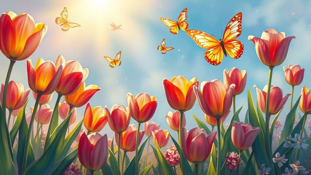 Surreal Spring Landscape with Glowing Tulips and Iridescent ...