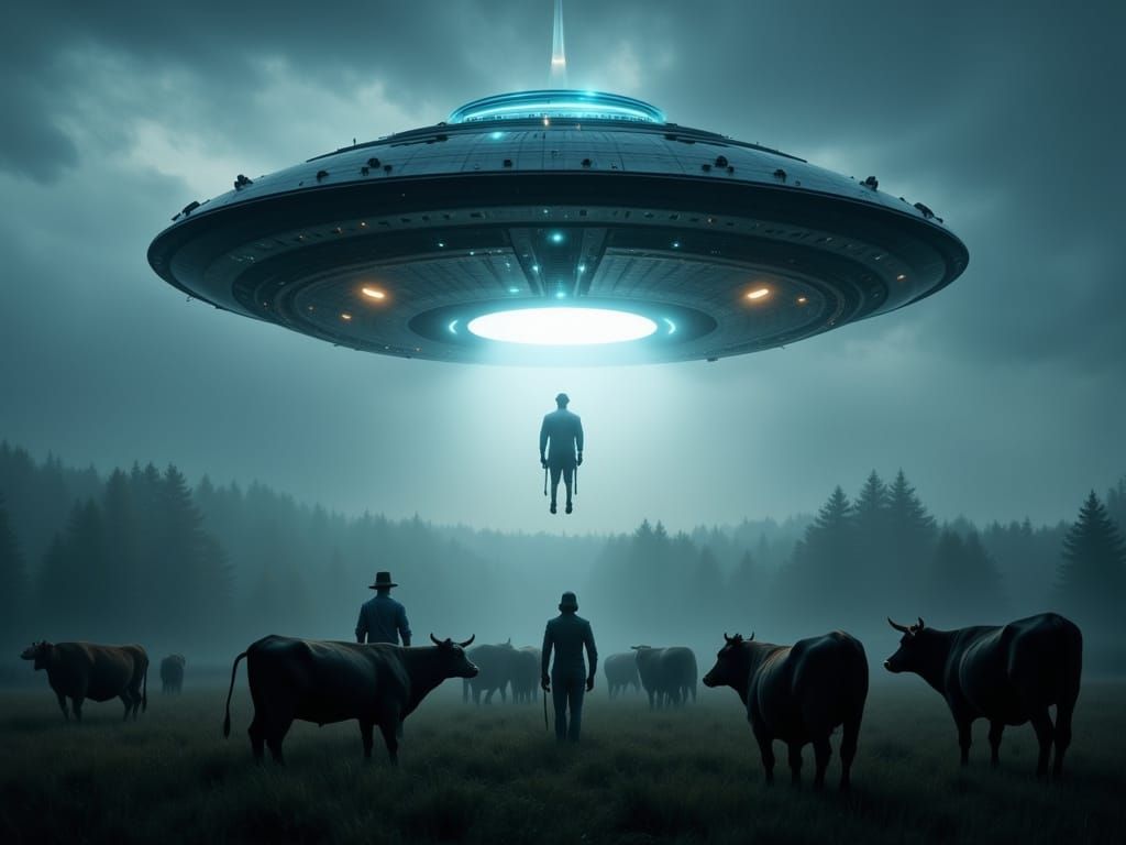 Surreal Country Scene Depicts Cattle Abduction by UFO in Dra...
