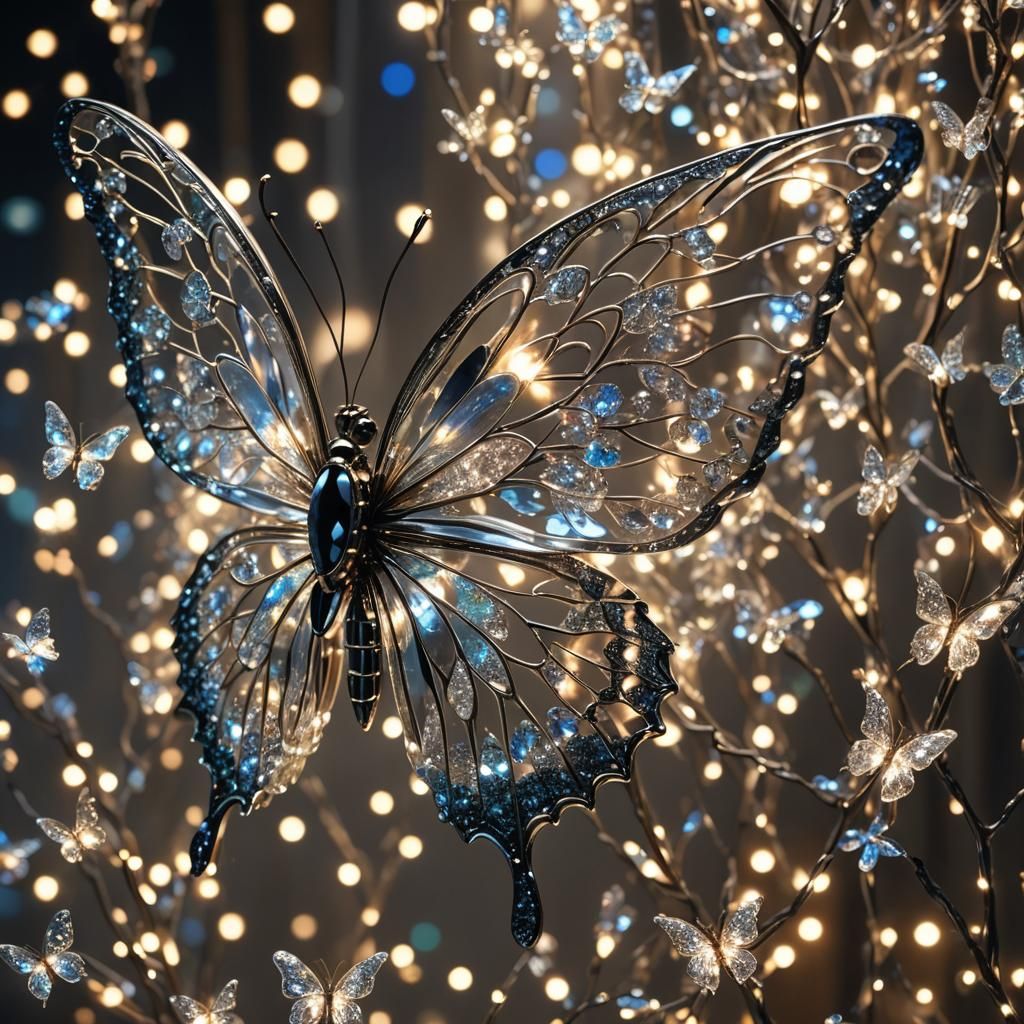 Crystal Butterfly in Flight with Fairy Lights