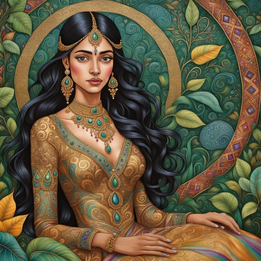 Regal Indian Princess in Dream Folk Art Style