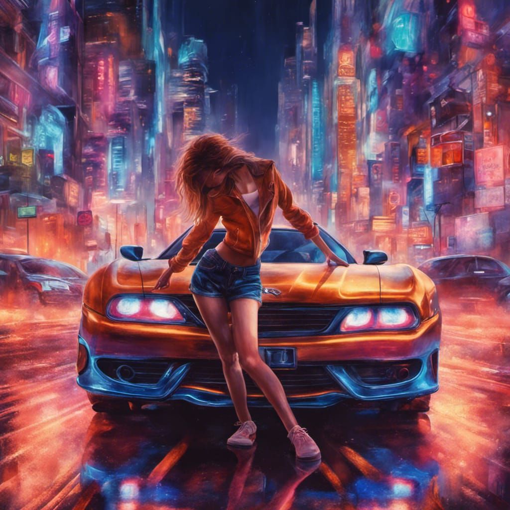 Girl Morphs into Car in Neon Cityscape