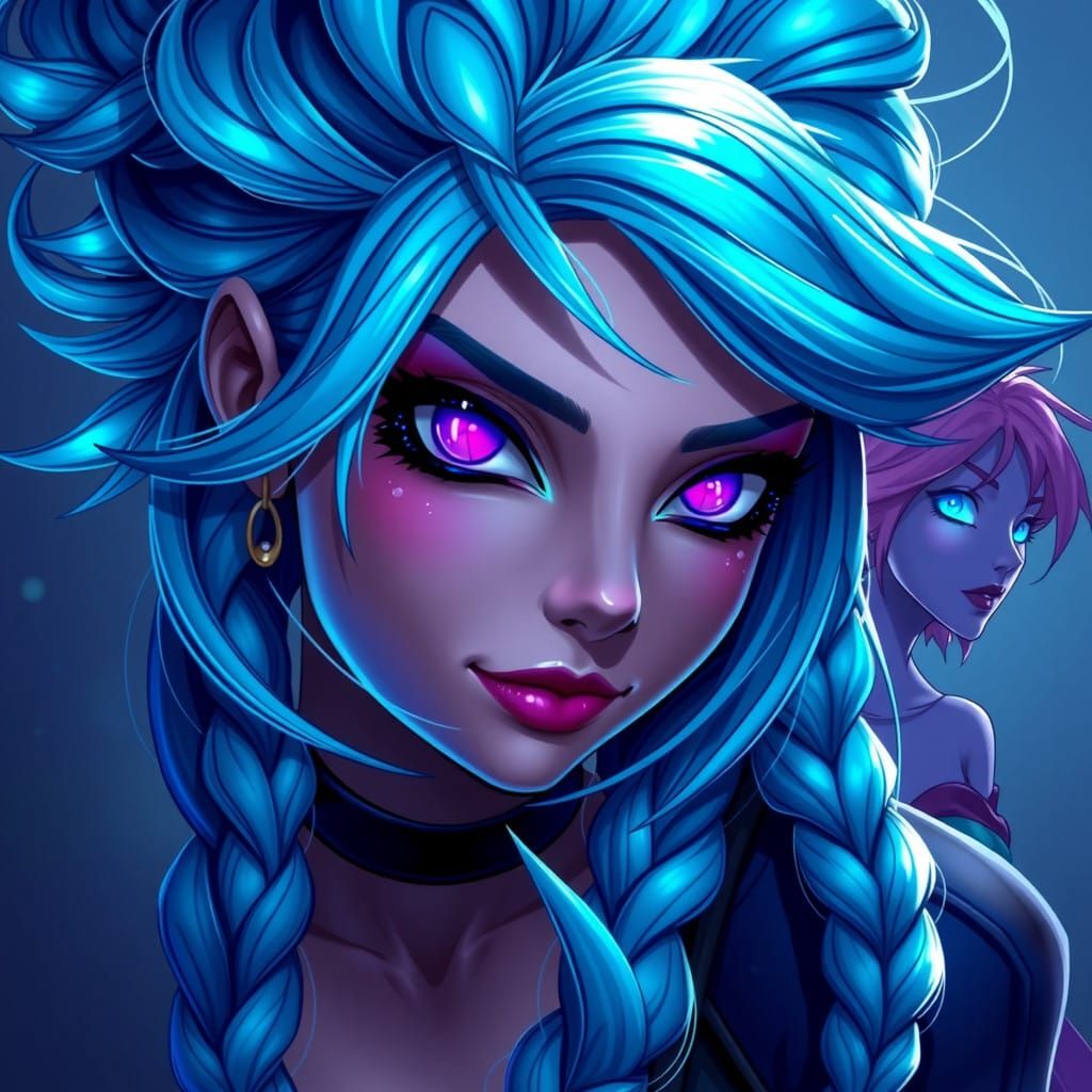 Vibrant League of Legends Portrait with Electric Blue Hair a...