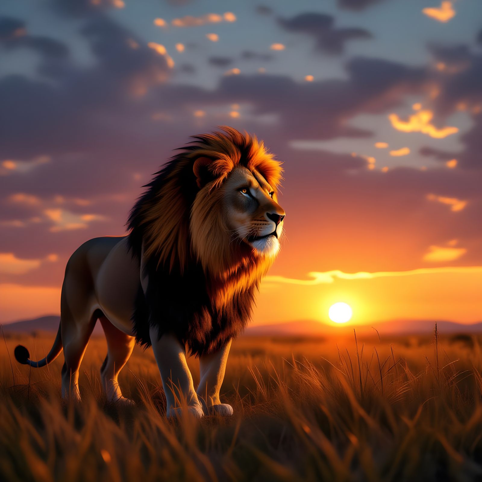 Hyperrealistic Lion at Sunrise with Dramatic Lighting