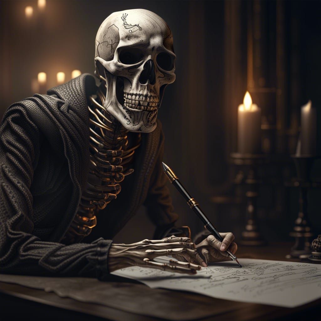 Skeleton Writer in Fantasy Illustration Style