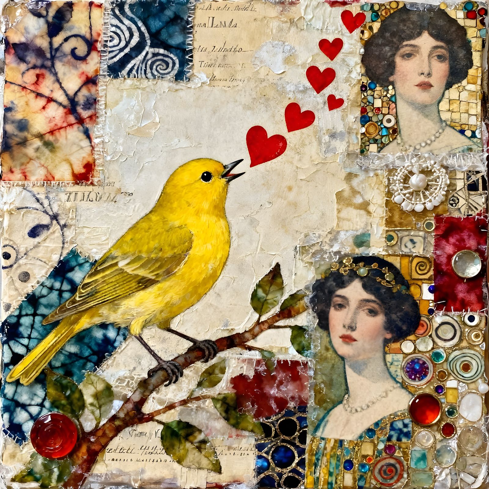 Elegant Mixed Media Collage: Yellow Bird with Red Hearts