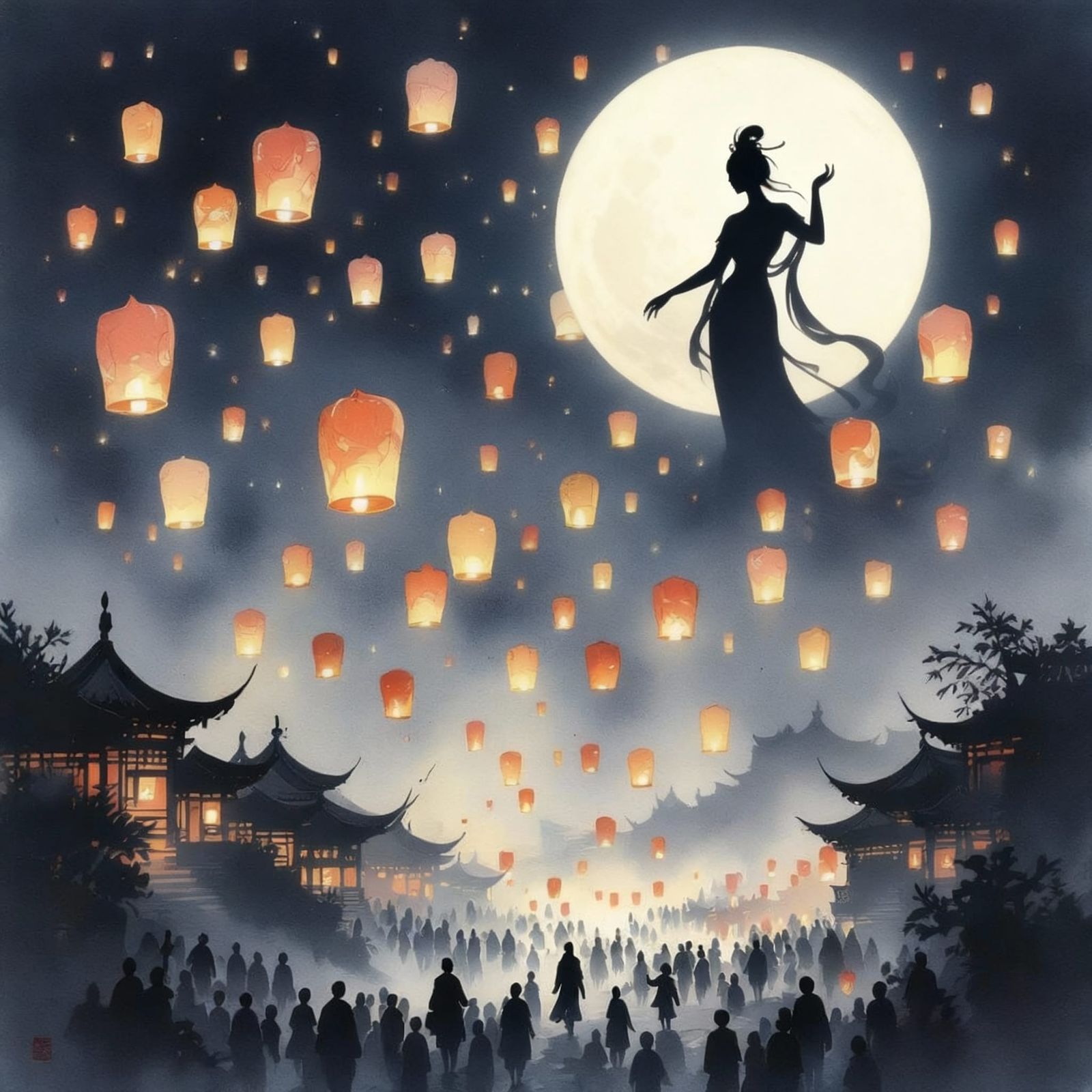 Chinese Ink Painting Night Scene With Glowing Sky Lanterns