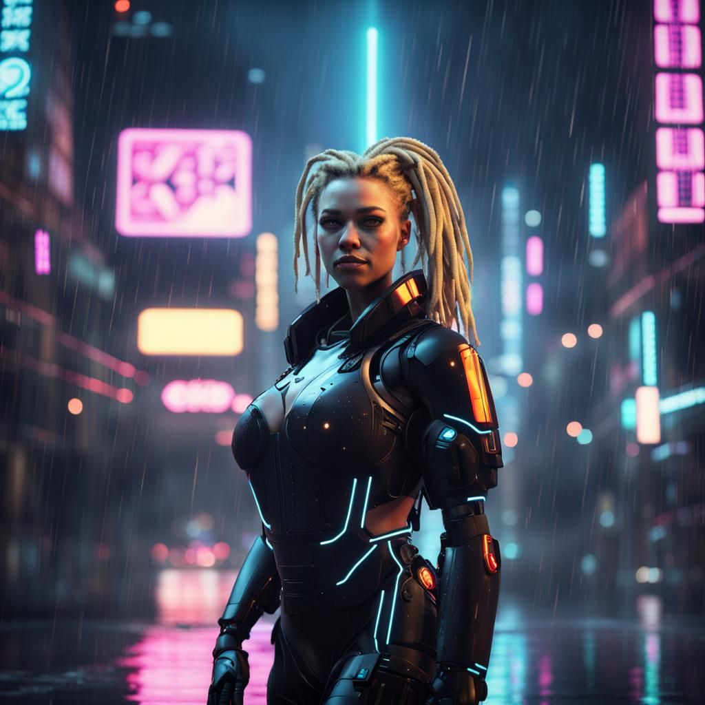Voluptuous Robot in Neon Cityscape