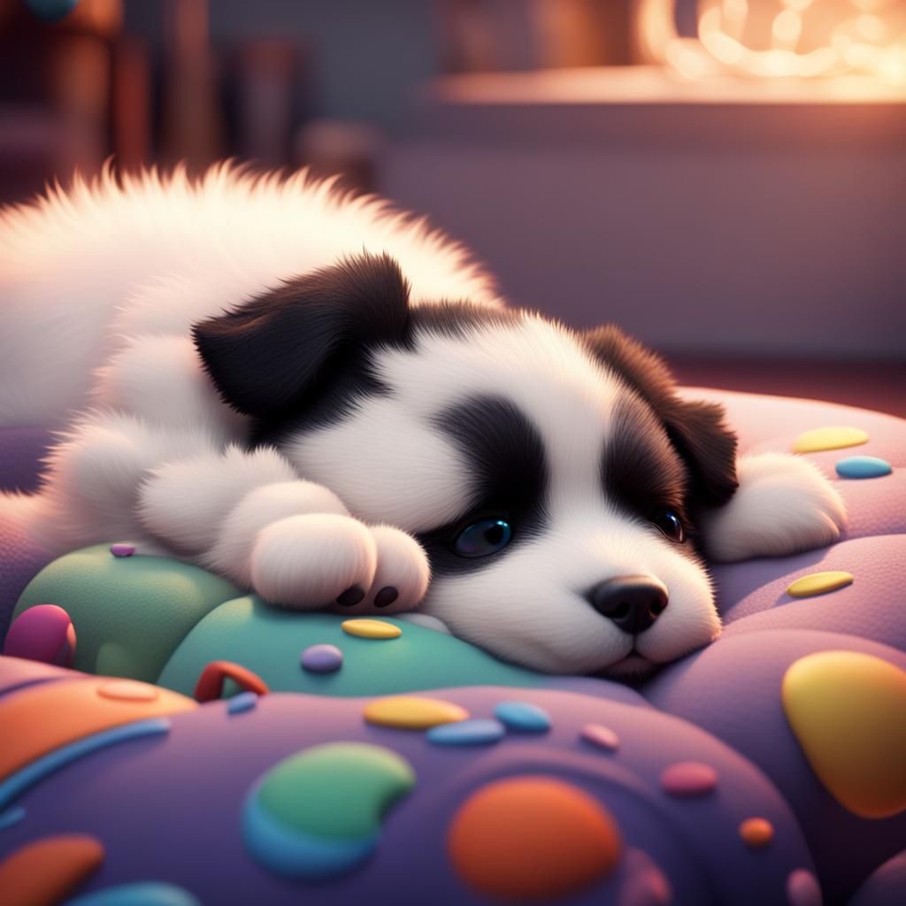 Fluffy Puppy Sleeping: Pixar-Style 3D Render
