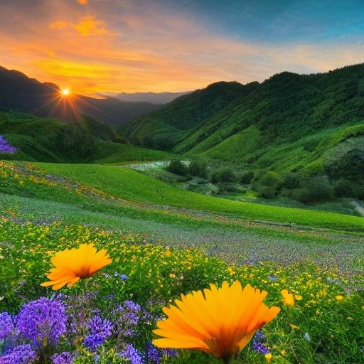 Sunrise Over a Tranquil Flower Valley