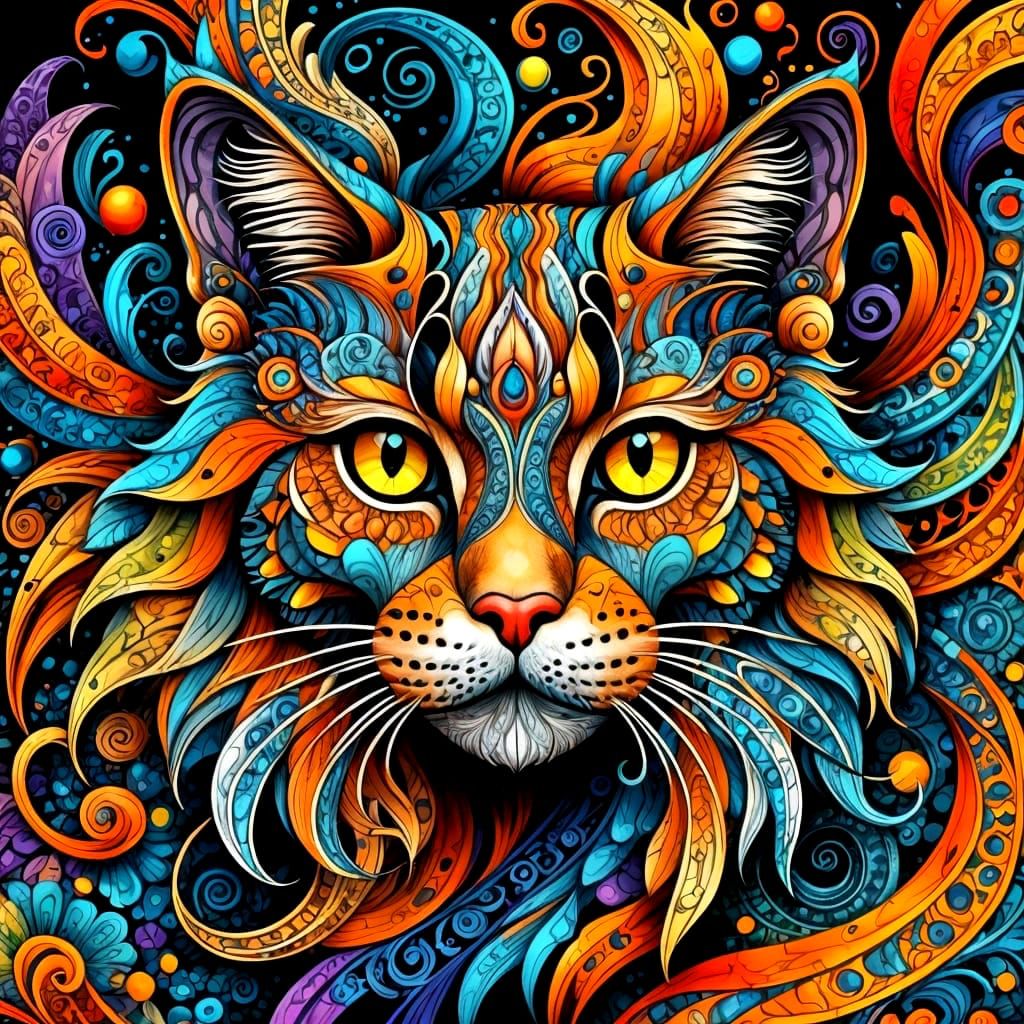 Vibrant Feline Portrait in Zentangle Style