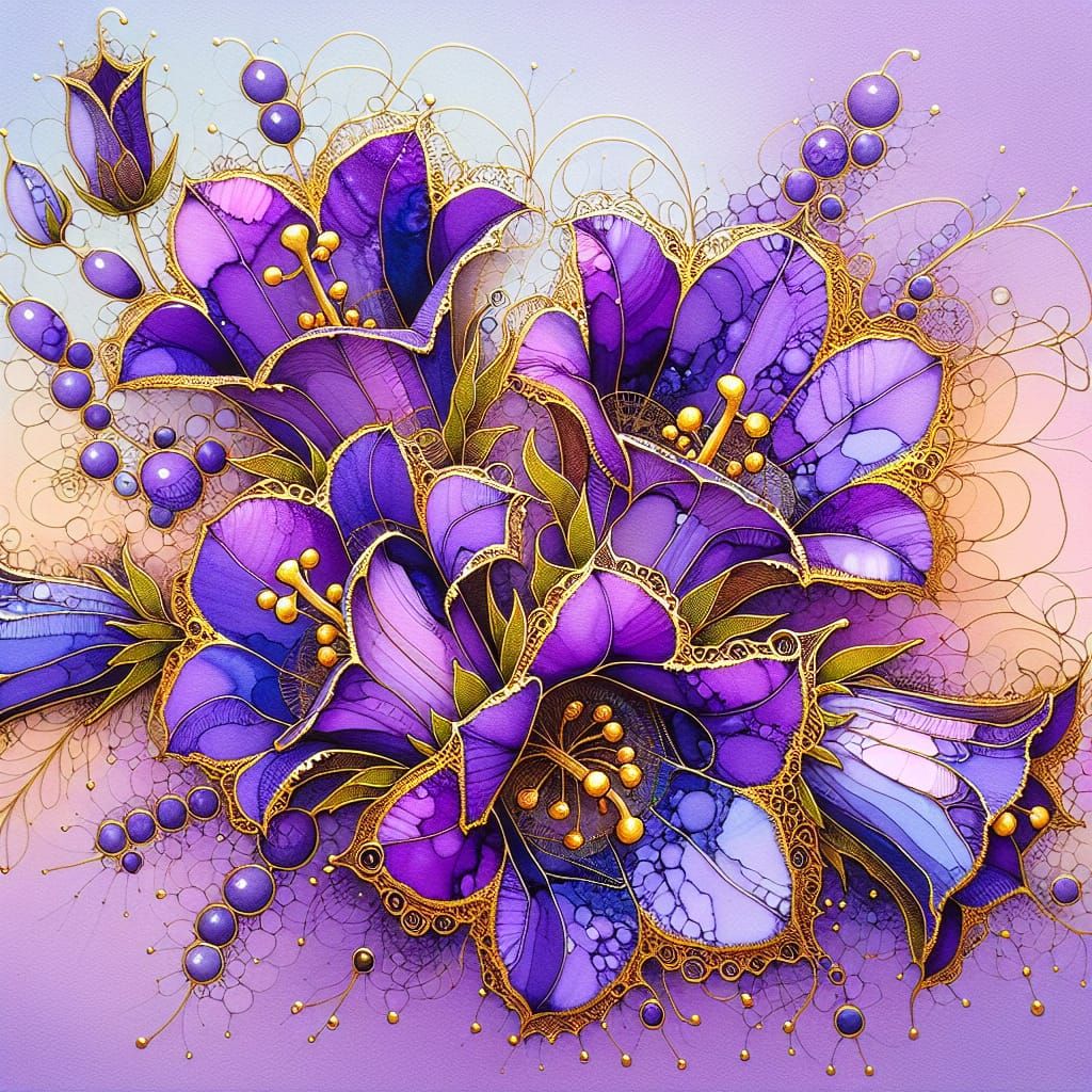Purple and Gold Bellflowers Inkblot Zentangle Art
