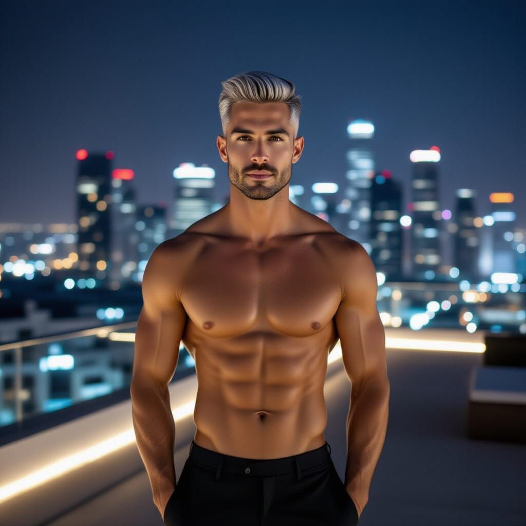 Confident Man on Rooftop Terrace at Night