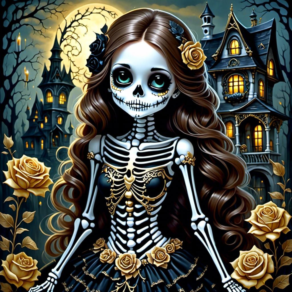 Skeleton Girl with Roses and Scary House