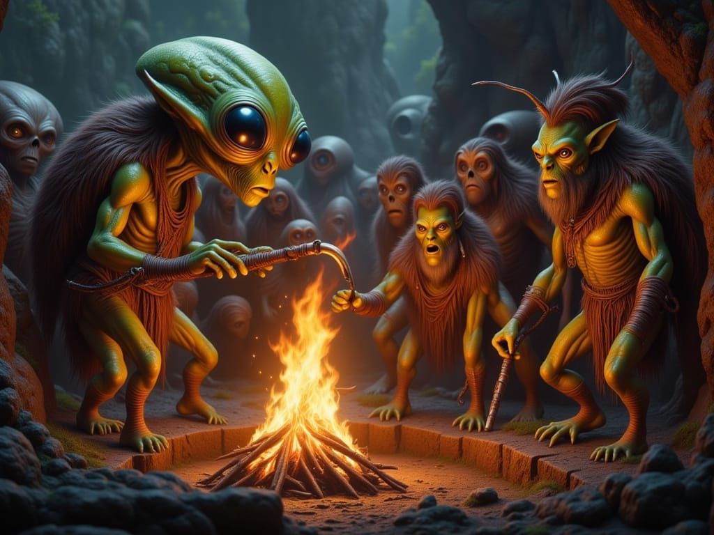 Alien Teaches Cavemen Campfire Skills