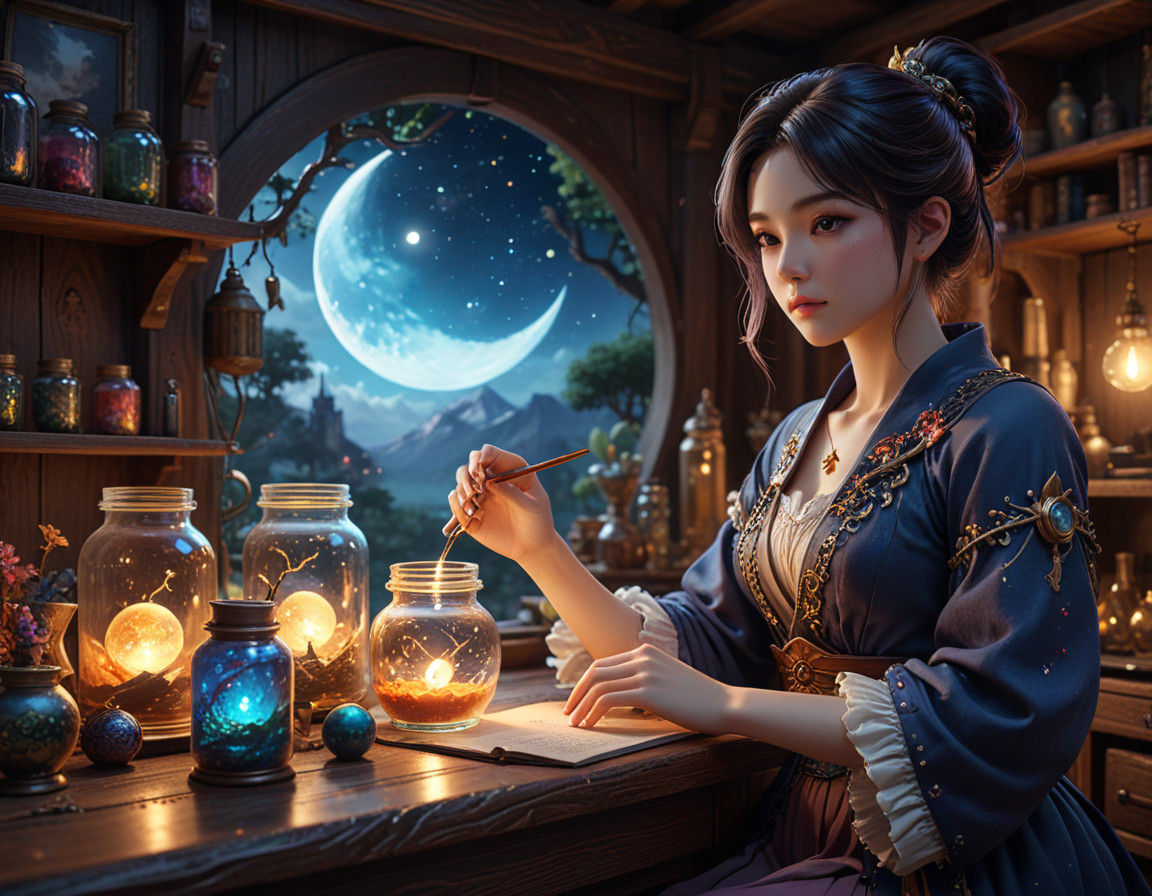 Magical Workshop Illuminated by Golden Moonlight