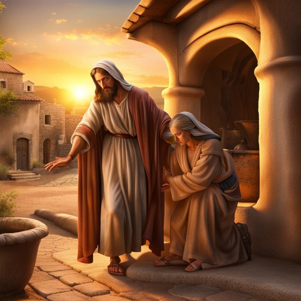Jesus Heals Woman in Ancient Israel, Photorealistic