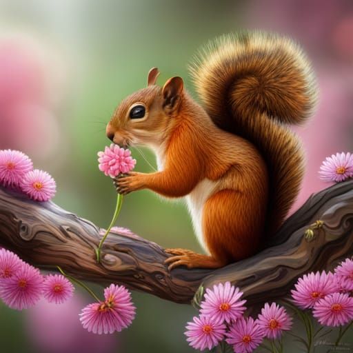 Hyperrealistic Squirrel Baby with Flowers