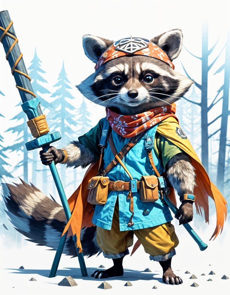 Raccoon Warrior in Lofi Final Fantasy Style