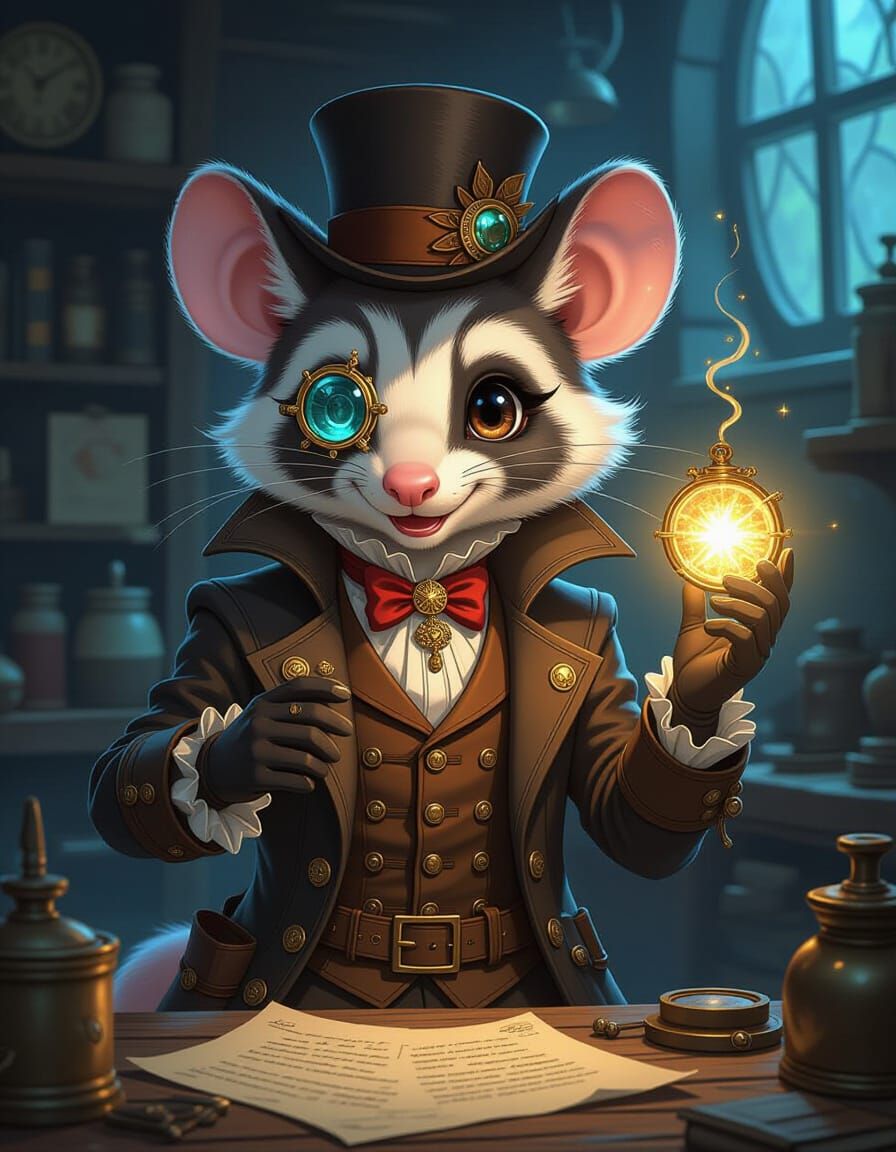 Anime Opossum Artificer in Victorian Workshop