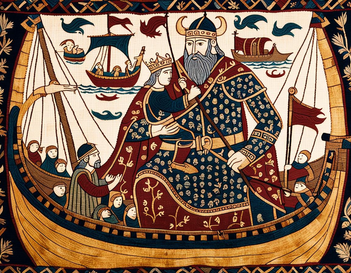 Viking Longship Tapestry with Nordic Man and Baby