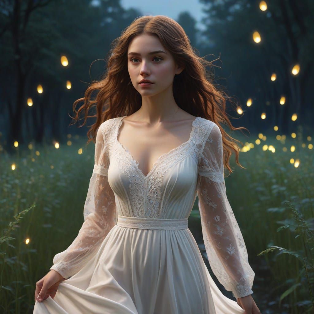 Ethereal Summer Goddess in a Field of Fireflies