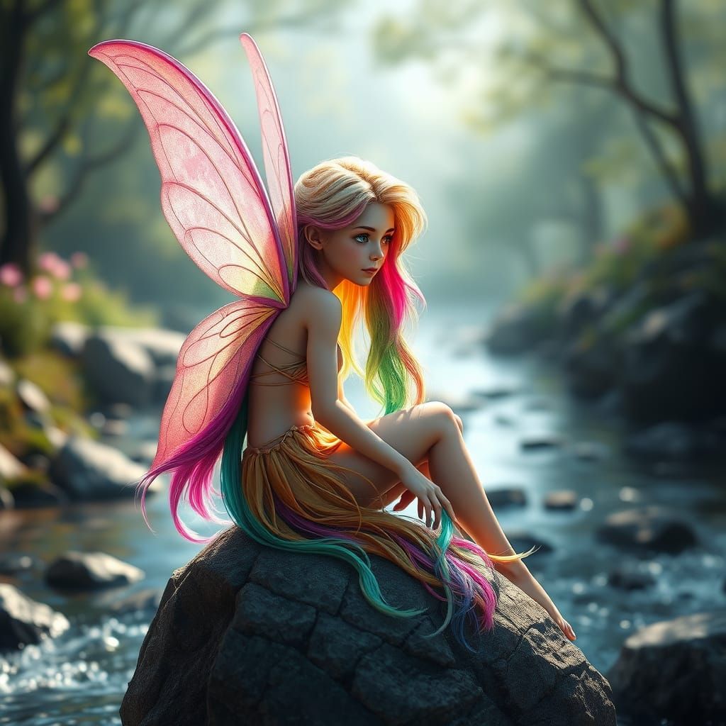 Rainbow Haired Fairy by River in Fairycore Style