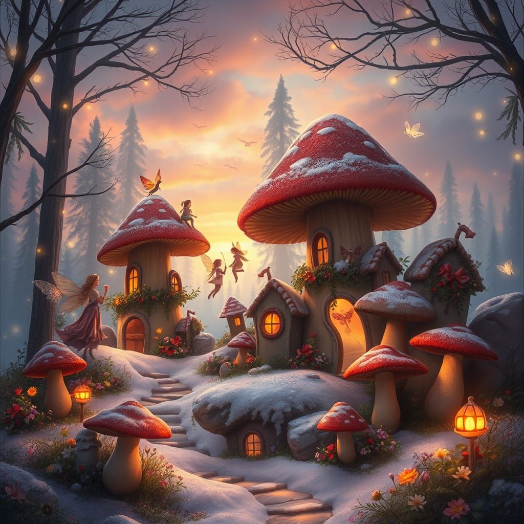 Whimsical Fairy Mushroom Village at Dusk