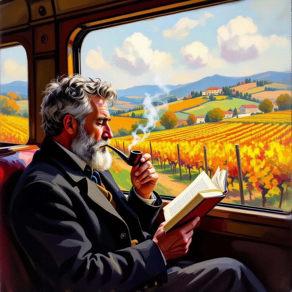 Man Reading in Old Train Carriage in Autumn