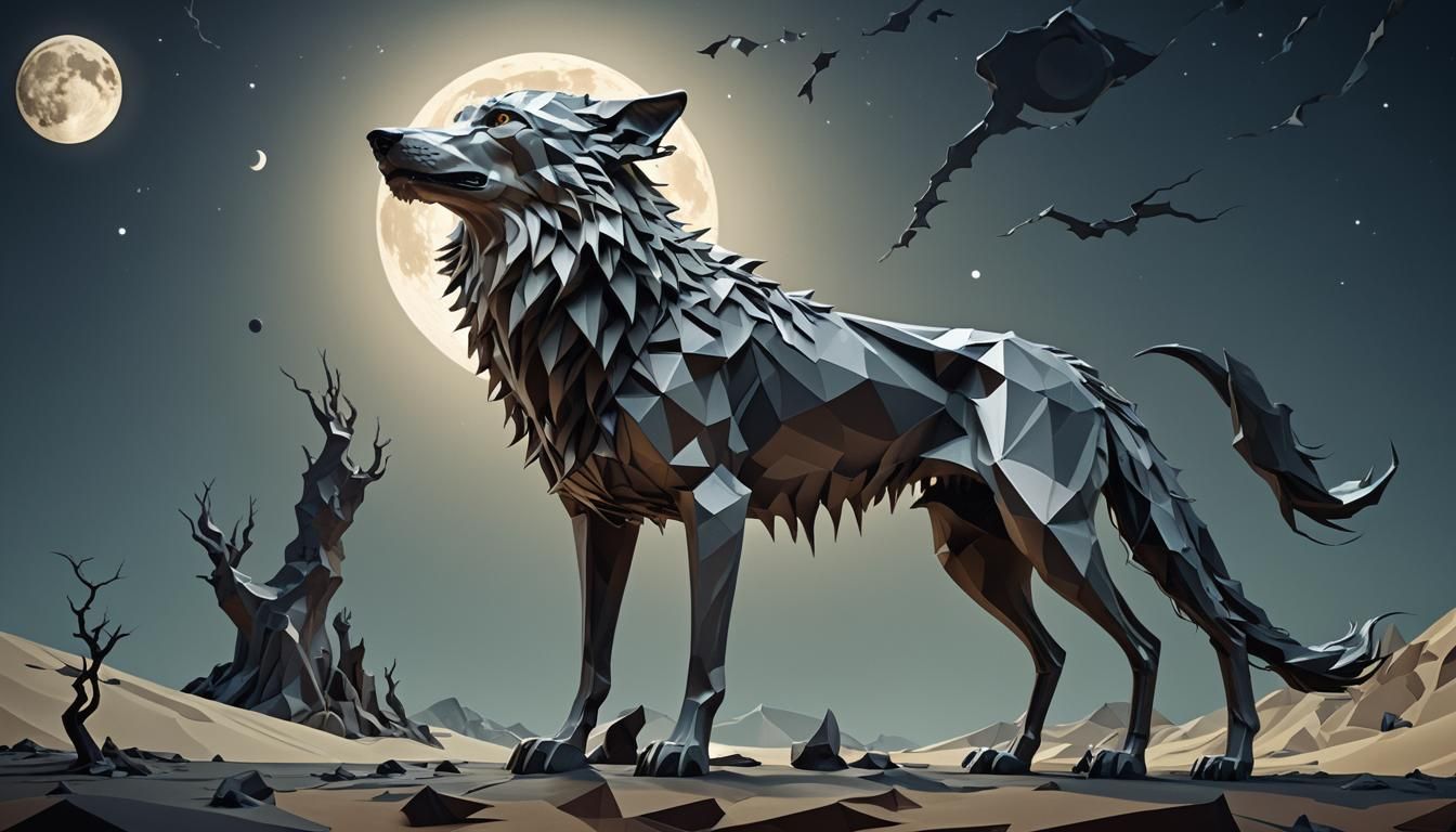 Surreal Wolf Howling at Eye-Moon in Low-Poly Art