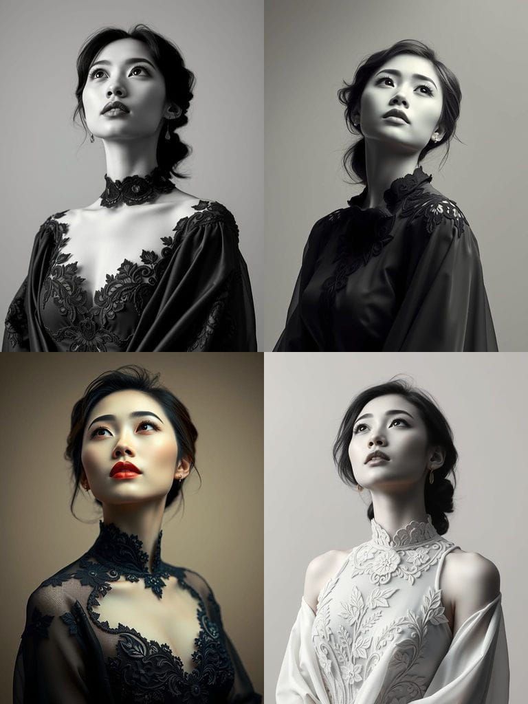 Elegant Asian Woman in Lace Gown, High-Contrast Portrait