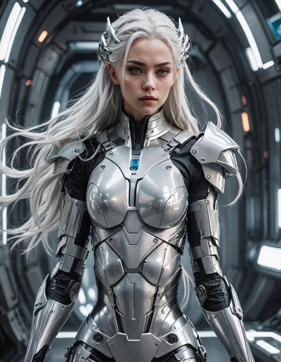 Elegant Cyberpunk Woman in Silver Armor, Ultra-Realistic