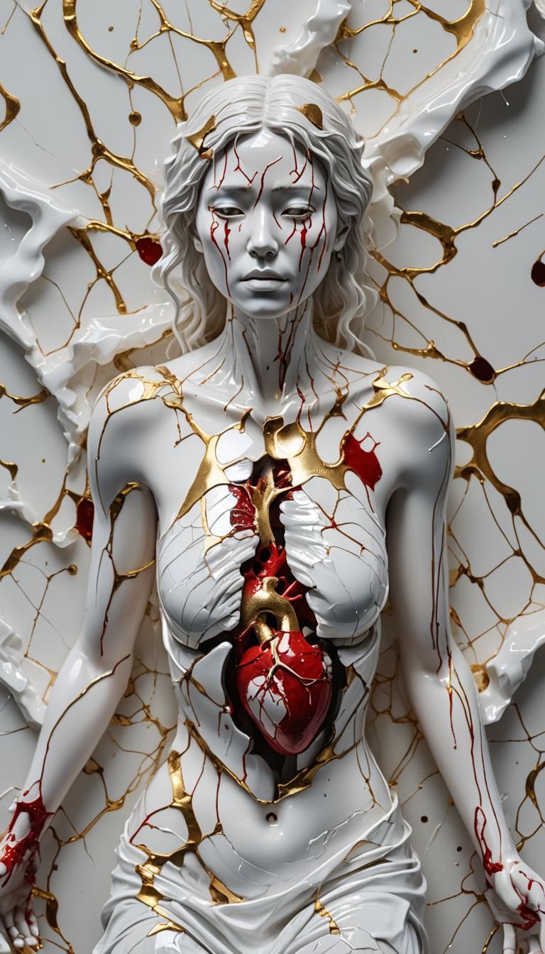 Kintsugi Goddess Shattering in Milk, Ultra-Realistic 8K