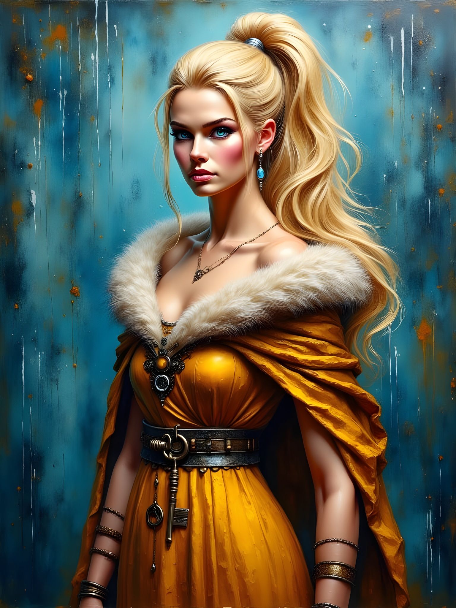 Golden Goddess in Fur-Lined Cloak, Oil Painting