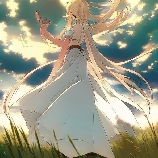 Anime Style Blonde Goddess in White Dress