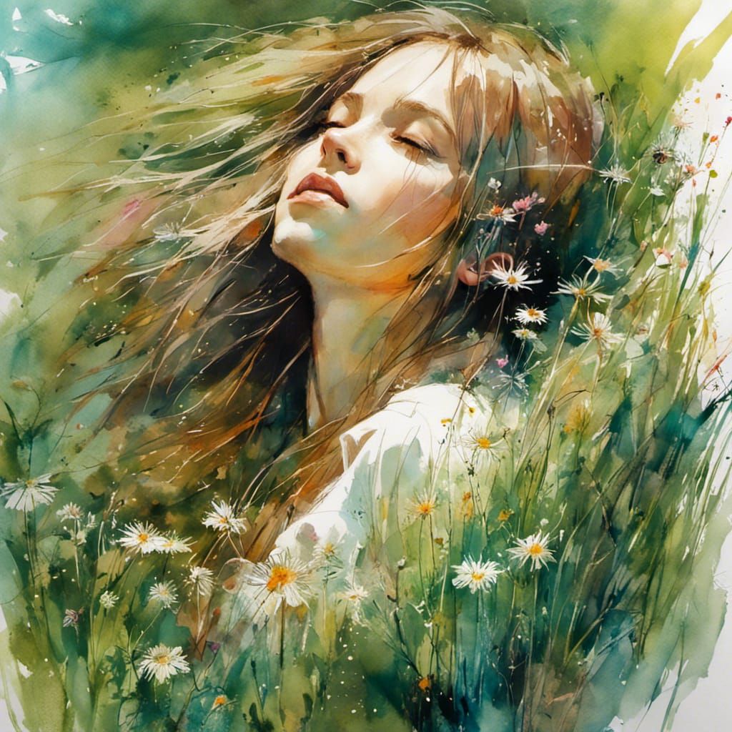 Girl and Cat Napping in Lush Summer Garden