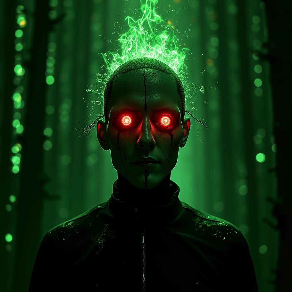 Head Trapped in Flaming Glitch Matrix