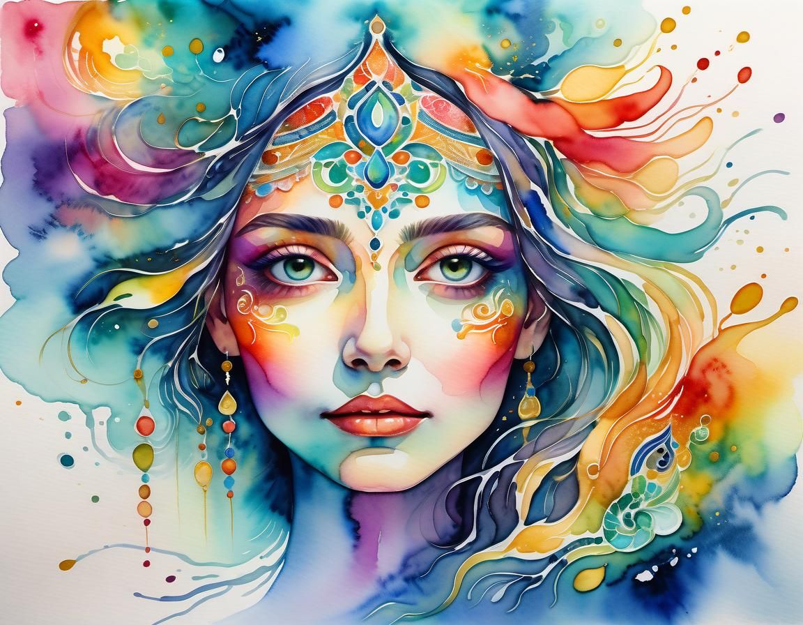 Mystical Woman with Iridescent Details in Watercolor