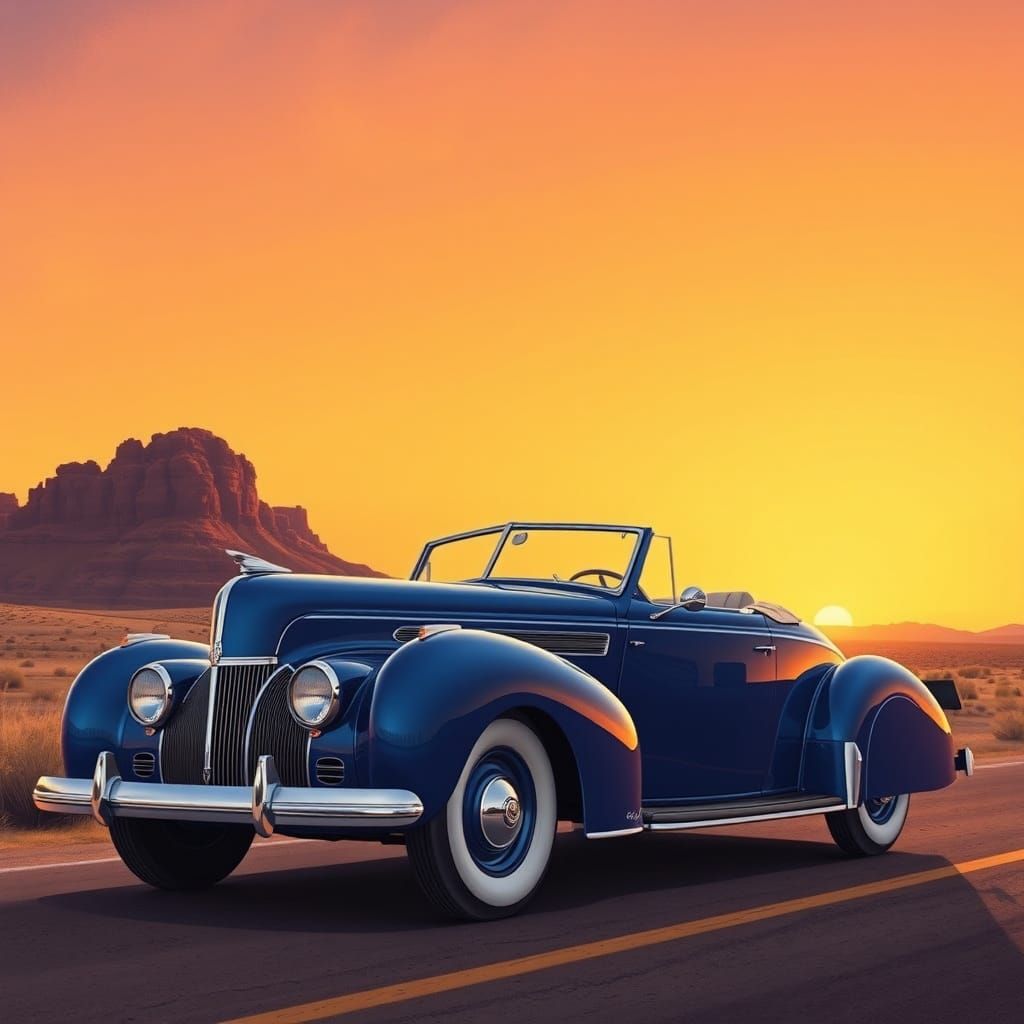 Vintage Royal Blue Lincoln Zephyr Drives into Sunset