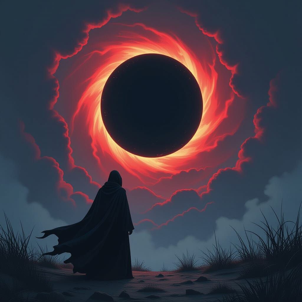 Dark Figure Before Swirling Black Sun