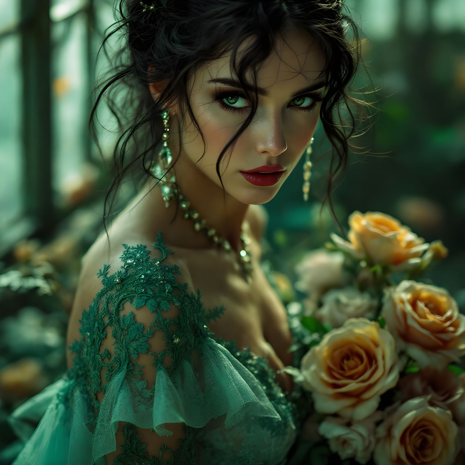 Ethereal Goddess in Luminous Green Gown