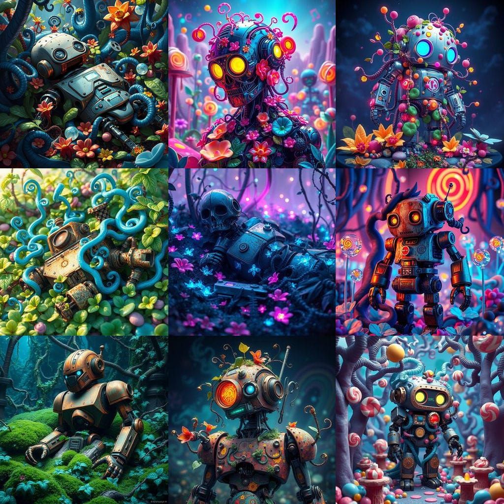 Whimsical Robot Overgrown with Candy-Colored Vines