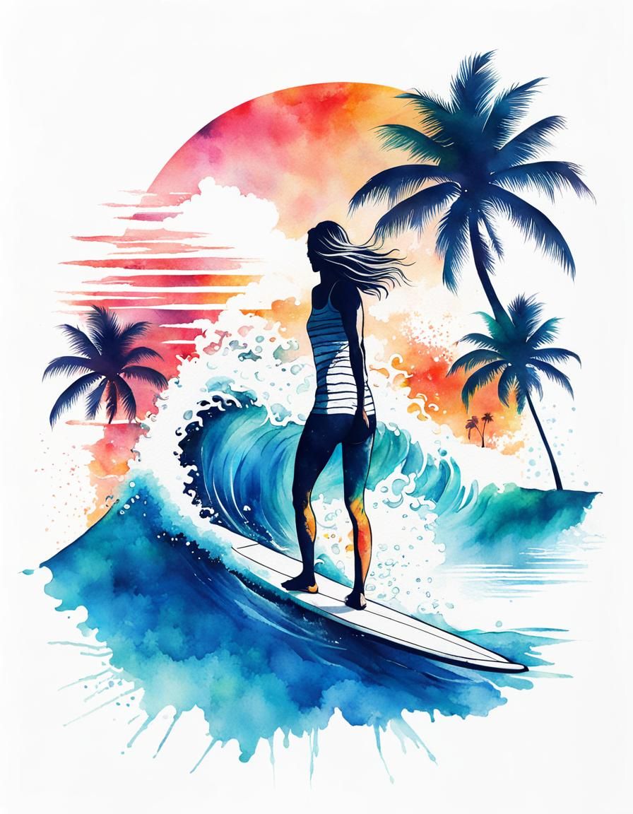 Watercolor Surfer Girl Logo Design