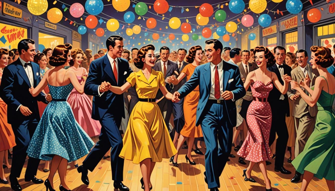 Vibrant 1950s Dance Party in a Nostalgic Pop Art Style